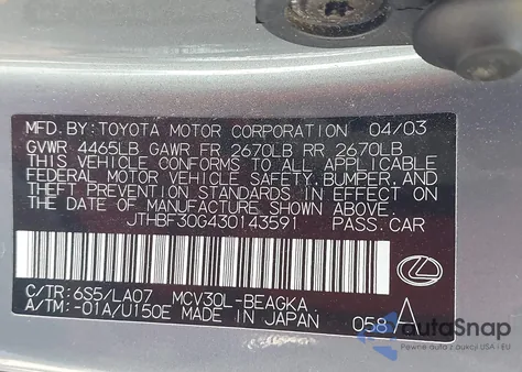 2003 Lexus Es 300 z USA, uszkodzony, nr VIN JTHBF30G430143591